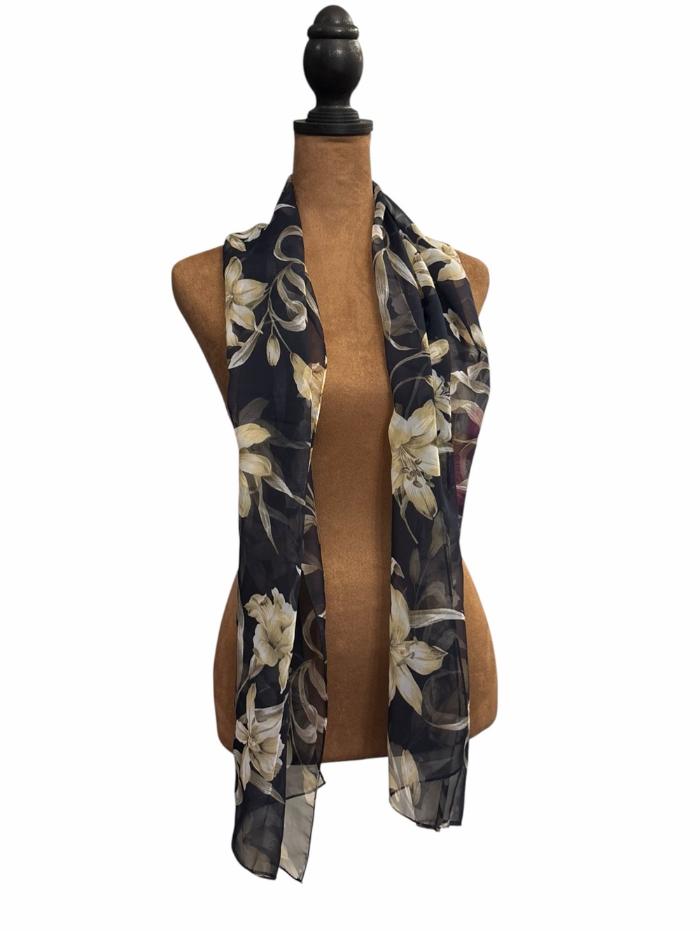 Lightweight Sheer Floral Chiffon Scarf White Lillies Navy Black Background 13x62